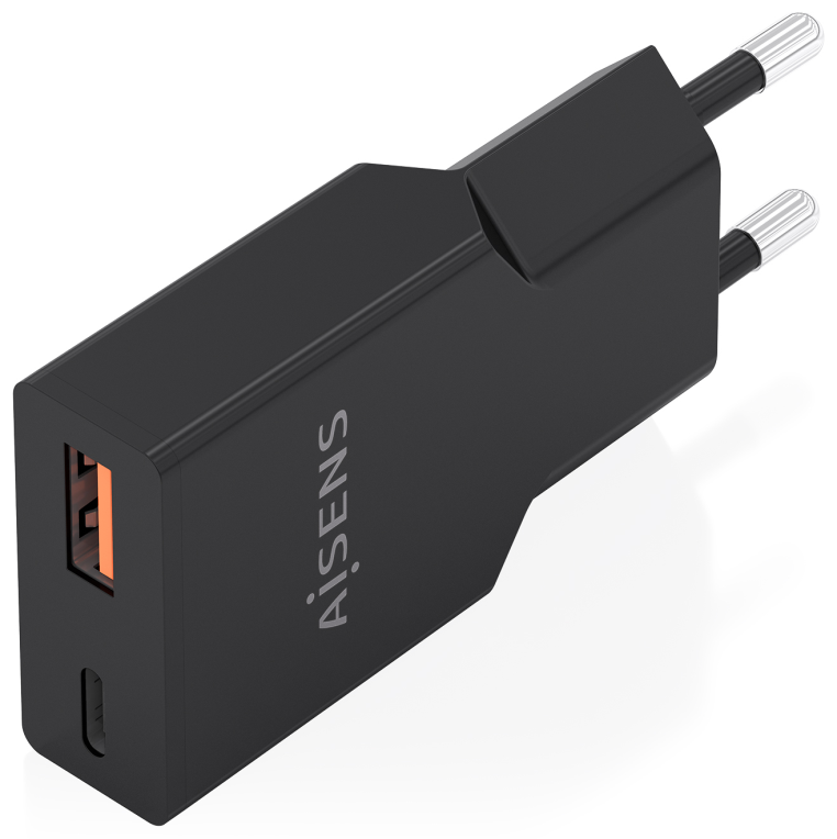 AISENS Cargador Ultra Delgado GaN 30W, 1xUSB-C PD3.0 QC4.0, 1xUSB-A QC3.0, Negro