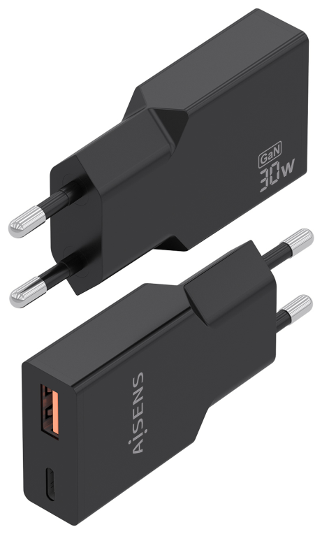 AISENS Cargador Ultra Delgado GaN 30W, 1xUSB-C PD3.0 QC4.0, 1xUSB-A QC3.0, Negro