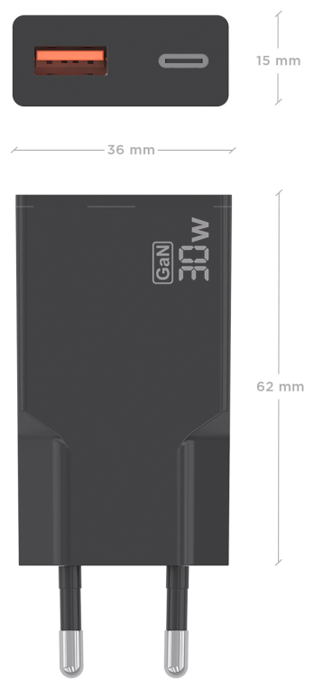 AISENS Cargador Ultra Delgado GaN 30W, 1xUSB-C PD3.0 QC4.0, 1xUSB-A QC3.0, Negro