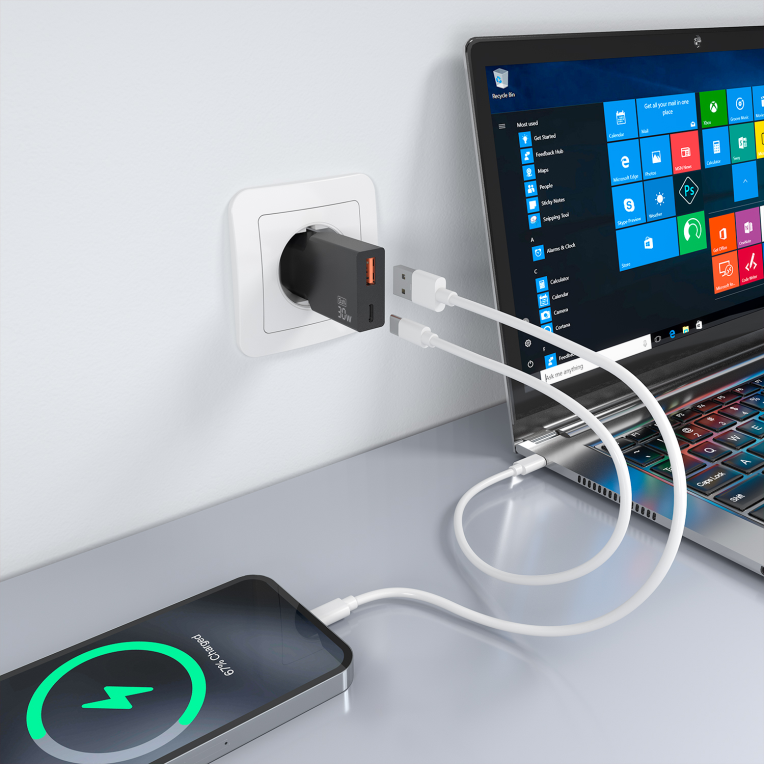 AISENS Cargador Ultra Delgado GaN 30W, 1xUSB-C PD3.0 QC4.0, 1xUSB-A QC3.0, Negro