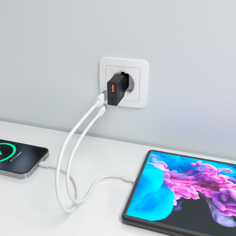 AISENS Cargador Ultra Delgado GaN 30W, 1xUSB-C PD3.0 QC4.0, 1xUSB-A QC3.0, Negro