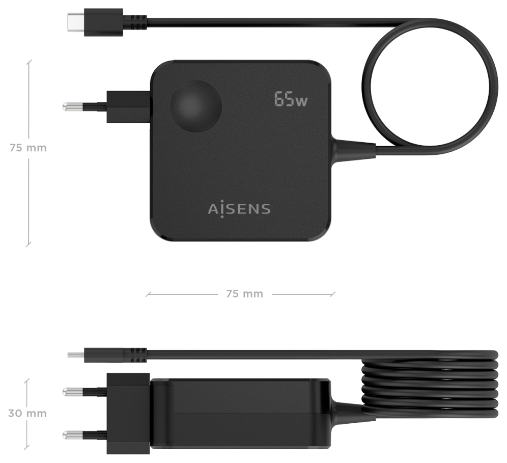 AISENS Cargador 65W PD3.0 1xUSB-C 1.5m, Negro