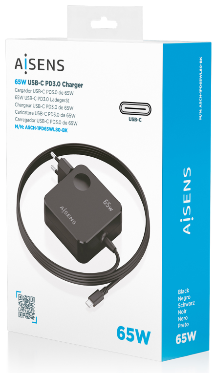 AISENS Cargador 65W PD3.0 1xUSB-C 1.5m, Negro