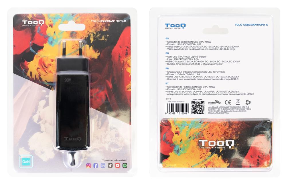 CARGADOR DE PORTATIL TOOQ TQLC-USBCGAN100PD-C 100W USB-C NEGRO