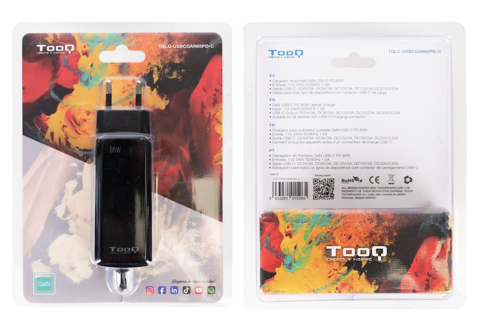 CARGADOR DE PARED TOOQ TQLC-USBCGAN65PD-C 65W GAN USB TIPO C NEGRO