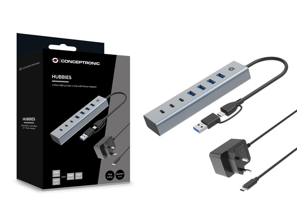HUB USB 3.0 CONCEPTRONIC HUBBIES20GP 7 PUERTOS USB-C A 3XUSB-C 4XUSB-A CON ALIMENTADOR
