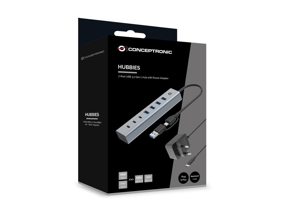 HUB USB 3.0 CONCEPTRONIC HUBBIES20GP 7 PUERTOS USB-C A 3XUSB-C 4XUSB-A CON ALIMENTADOR