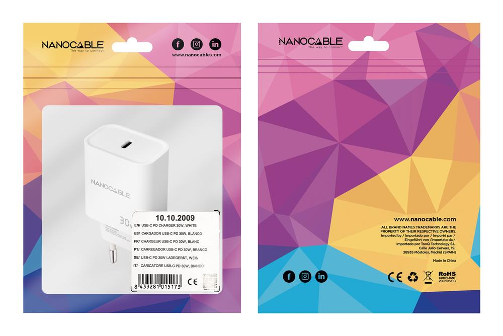 CARGADOR NANOCABLE PARED USB-C PD 30W BLANCO
