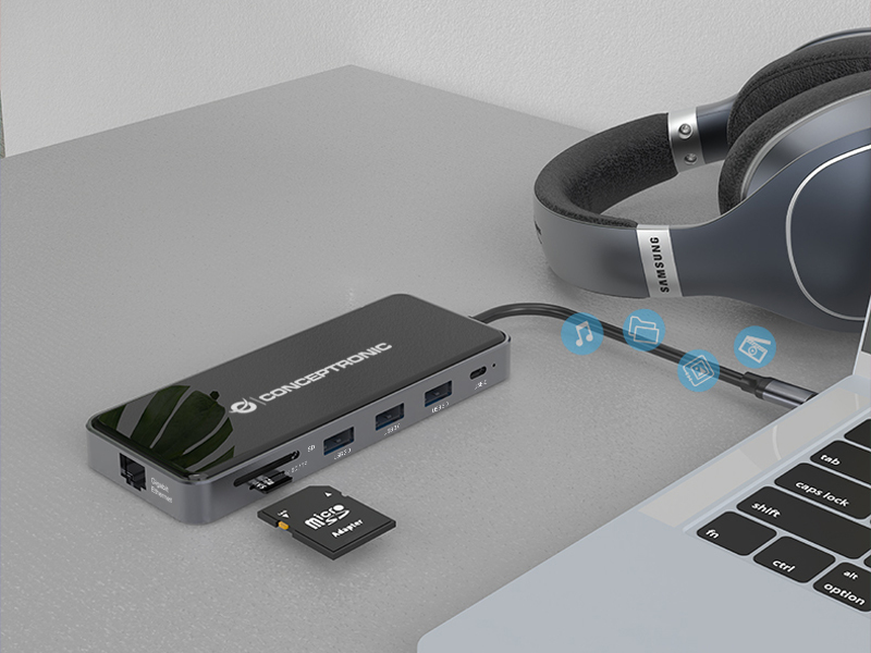 ADAPTADOR CONCEPTRONIC USB TIPO C A GIGABIT ETHERNET RJ45/ HDMI/ VGA/ CON HUB USB 3 PUERTOS/ USB TIPO C/ LECTOR DE TARJETAS
