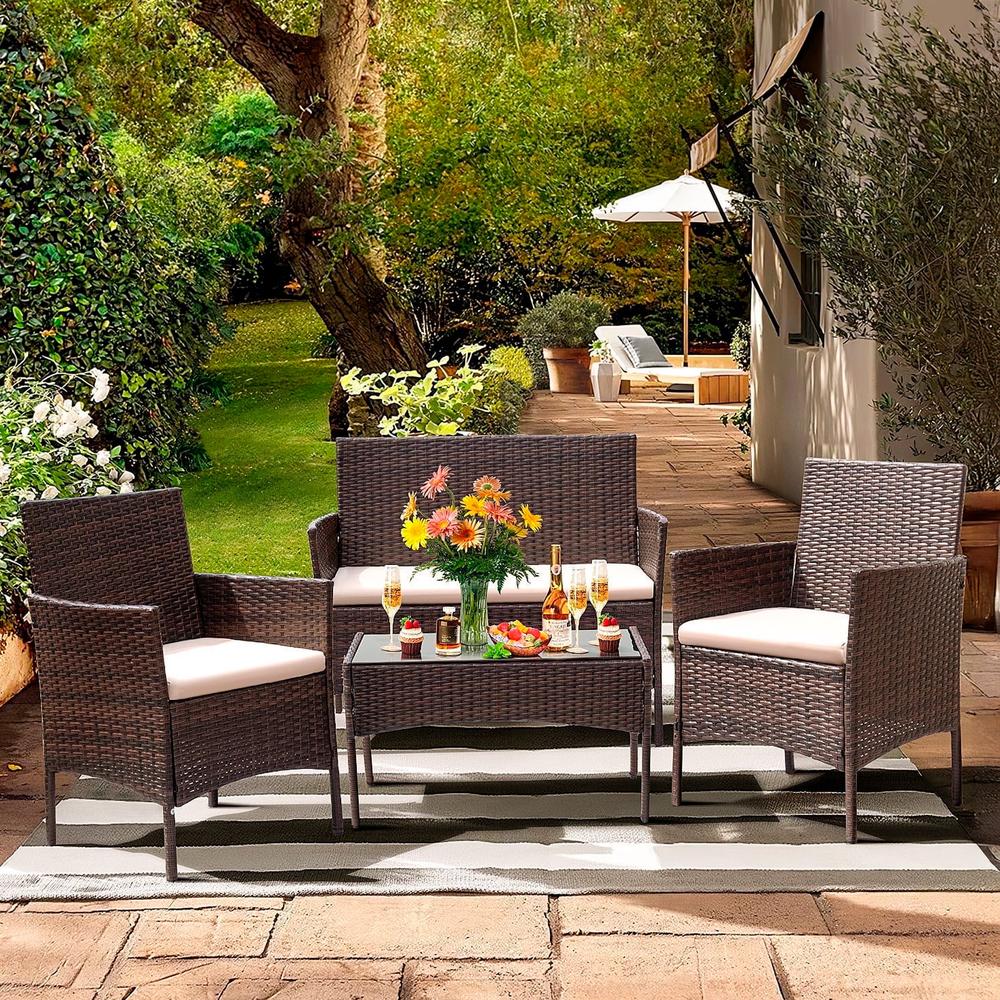 YOEVU SET DE JARDIN CONVERSACIONAL DE 3 ASIENTOS Y MESA COLOR MARRÓN CAFE