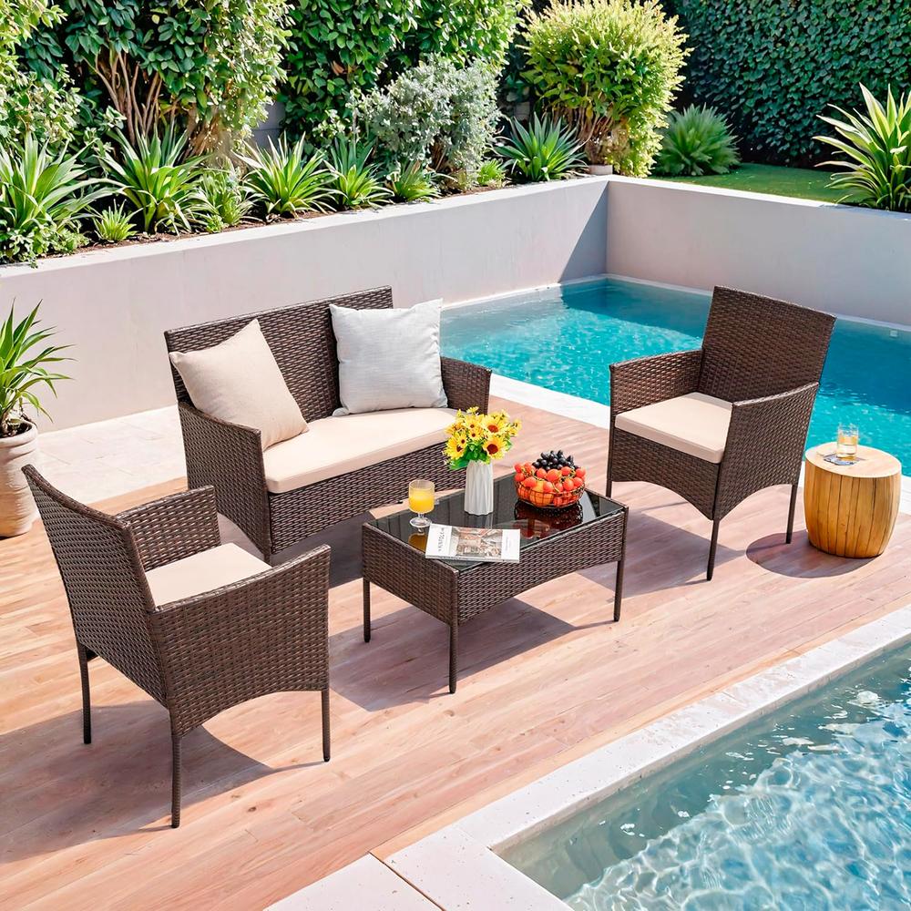 YOEVU SET DE JARDIN CONVERSACIONAL DE 3 ASIENTOS Y MESA COLOR MARRÓN CAFE