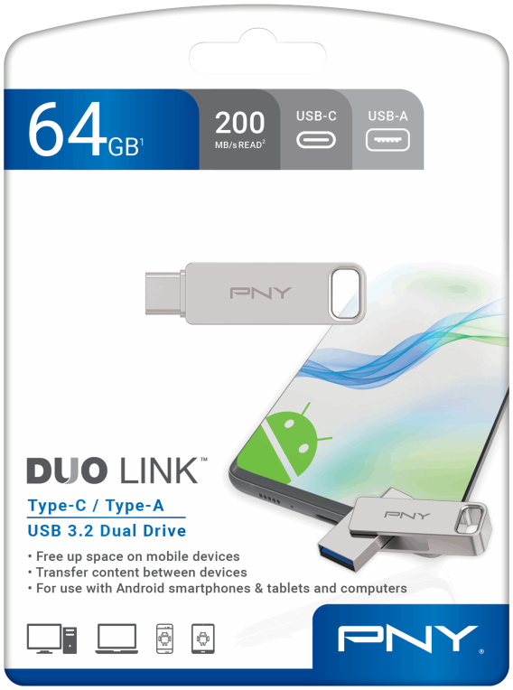 PNY DUO LINK unidad flash USB 64 GB USB Type-A / USB Type-C 3.2 Gen 1 (3.1 Gen 1) Acero inoxidable
