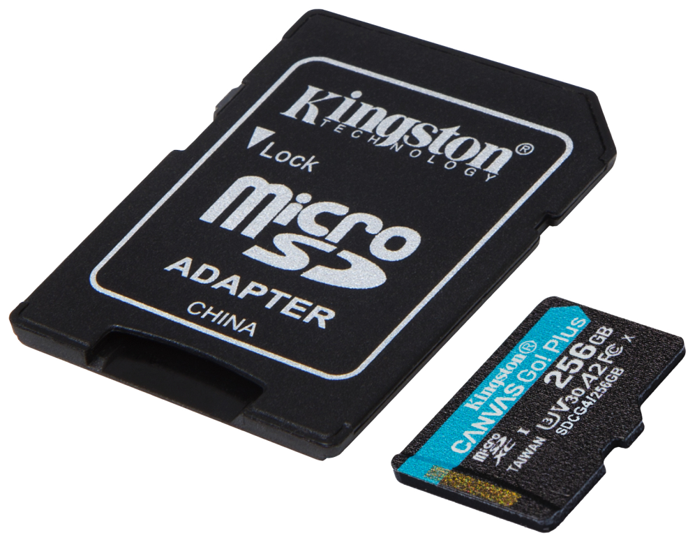 Kingston Technology Tarjeta microSDXC Canvas Go Plus Gen4 de 256 GB, 200 MB/s, A2 U3 V30 y adaptador