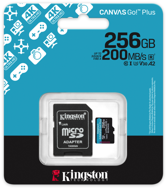 Kingston Technology Tarjeta microSDXC Canvas Go Plus Gen4 de 256 GB, 200 MB/s, A2 U3 V30 y adaptador