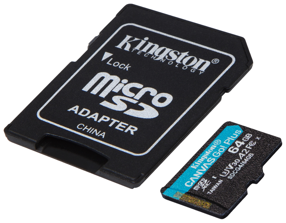 Kingston Technology Tarjeta microSDXC Canvas Go Plus Gen4 de 64 GB, 200 MB/s, A2 U3 V30 y adaptador