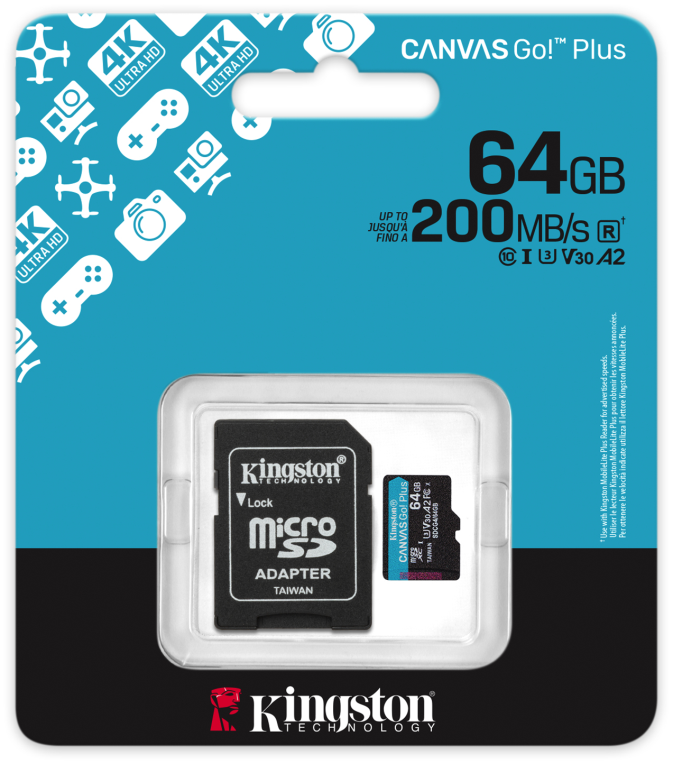 Kingston Technology Tarjeta microSDXC Canvas Go Plus Gen4 de 64 GB, 200 MB/s, A2 U3 V30 y adaptador