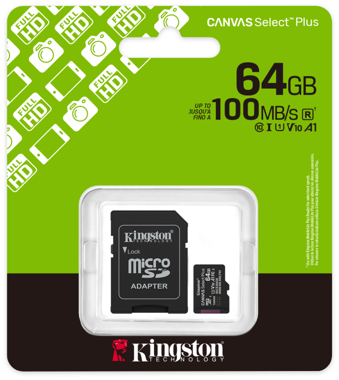 Kingston Technology 64GB microSDXC Canvas Select Plus Gen3 100MB/s A1 (Incluye adaptador de SD)