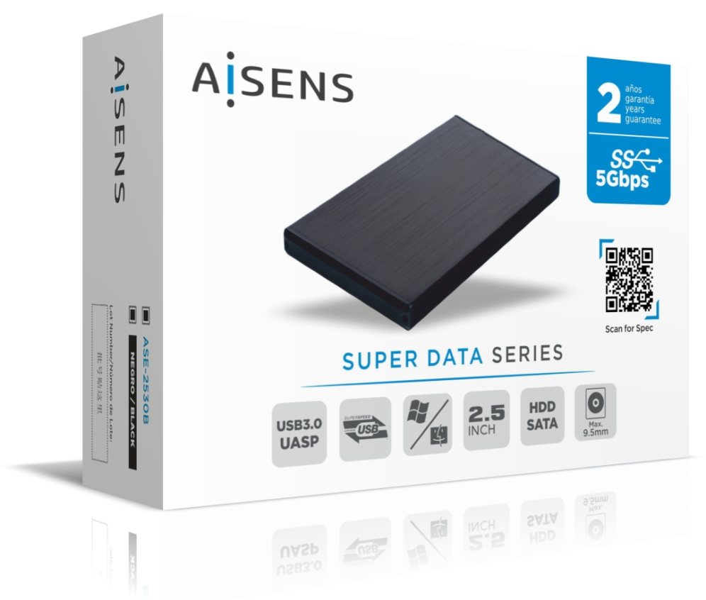 AISENS Caja externa 2,5" ASE-2530B 9.5 mm SATA a USB 3.0/USB 3.1 Gen1, Negra