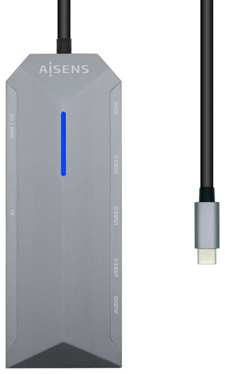 AISENS USB-C Dock 9 en 1, USB-C a 1x HDMI, 1xRJ45, 3x USB, 1x PD, 1x Audio, 1x SD, 1x Micro SD, Gris, 15 cm