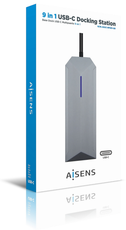 AISENS USB-C Dock 9 en 1, USB-C a 1x HDMI, 1xRJ45, 3x USB, 1x PD, 1x Audio, 1x SD, 1x Micro SD, Gris, 15 cm