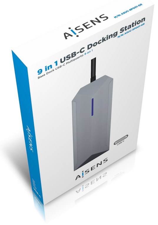 AISENS USB-C Dock 9 en 1, USB-C a 1x HDMI, 1xRJ45, 3x USB, 1x PD, 1x Audio, 1x SD, 1x Micro SD, Gris, 15 cm