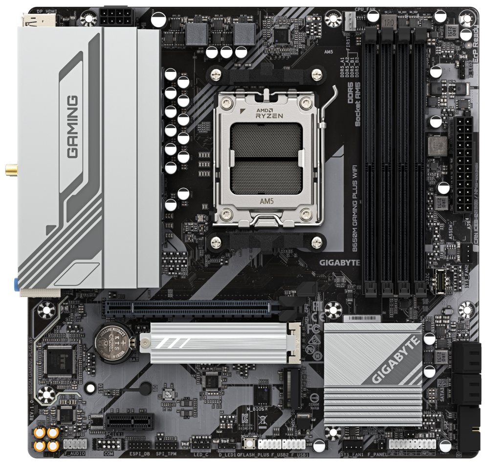GIGABYTE B650M GAMING PLUS WIFI Placa base - Procesadores AMD Ryzen 9000, VRM de 5+2+2 fases, hasta 8000 MHz DDR5, 2xPCIe 4.0 M.2, LAN 2.5GbE, WIFI 6E, USB 3.2 Gen 1