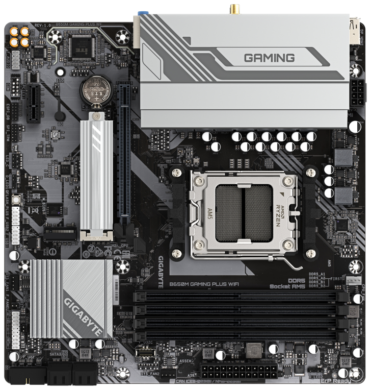 GIGABYTE B650M GAMING PLUS WIFI Placa base - Procesadores AMD Ryzen 9000, VRM de 5+2+2 fases, hasta 8000 MHz DDR5, 2xPCIe 4.0 M.2, LAN 2.5GbE, WIFI 6E, USB 3.2 Gen 1