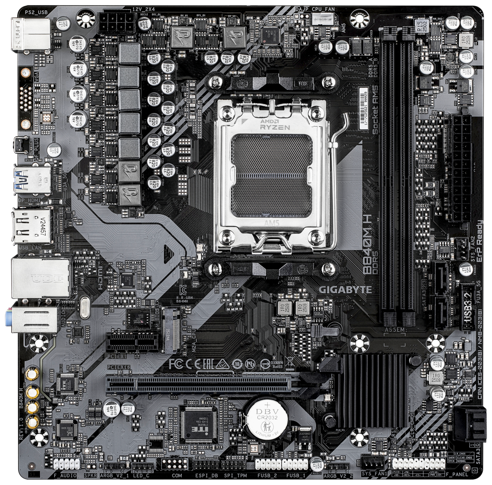 GIGABYTE B840M H Placa Base - Procesadores AMD Ryzen 9000, VRM de 5+2+2 fases, hasta 7200MHz DDR5 (O.C), 1xPCIe 4.0 M.2, LAN 1GbE, USB 3.2 Gen 1