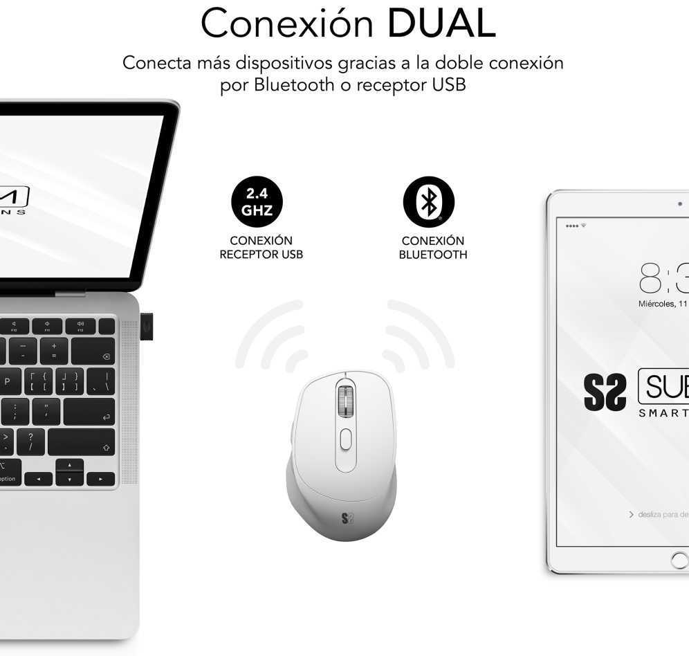 SUBBLIM RATON OPTICO DUAL COMFORT ERGO DUAL BATERIA BLANCO ratón Universal mano derecha Bluetooth + USB Type-A Óptico 2400 DPI