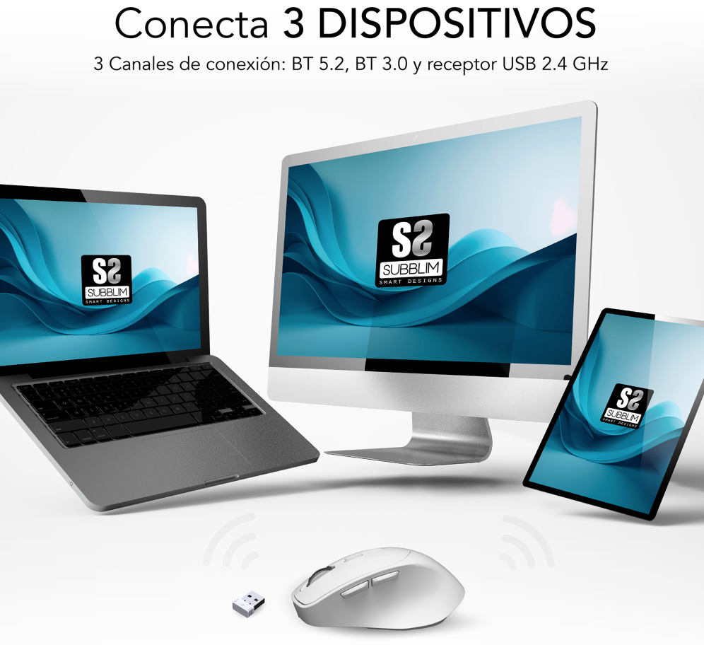 SUBBLIM RATON OPTICO DUAL COMFORT ERGO DUAL BATERIA BLANCO ratón Universal mano derecha Bluetooth + USB Type-A Óptico 2400 DPI