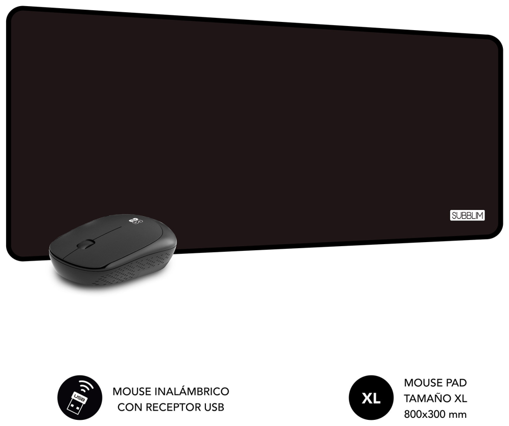 SUBBLIM Alfombrilla con Ratón Harmony Pack Mousepad XL + Wireless Mouse Black