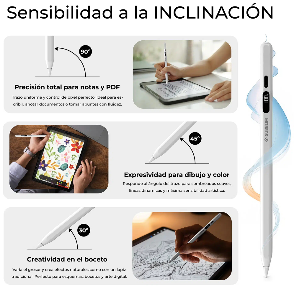 SUBBLIM NoteFlow StylusPen para iPad Pantalla Batería Li-Po USB-C Carga Palm Rejection