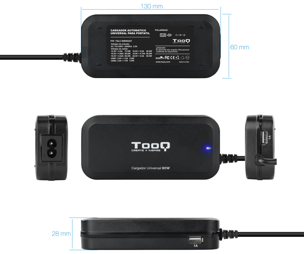 TooQ TQLC-90BS02AT adaptador e inversor de corriente Interior 90 W Negro