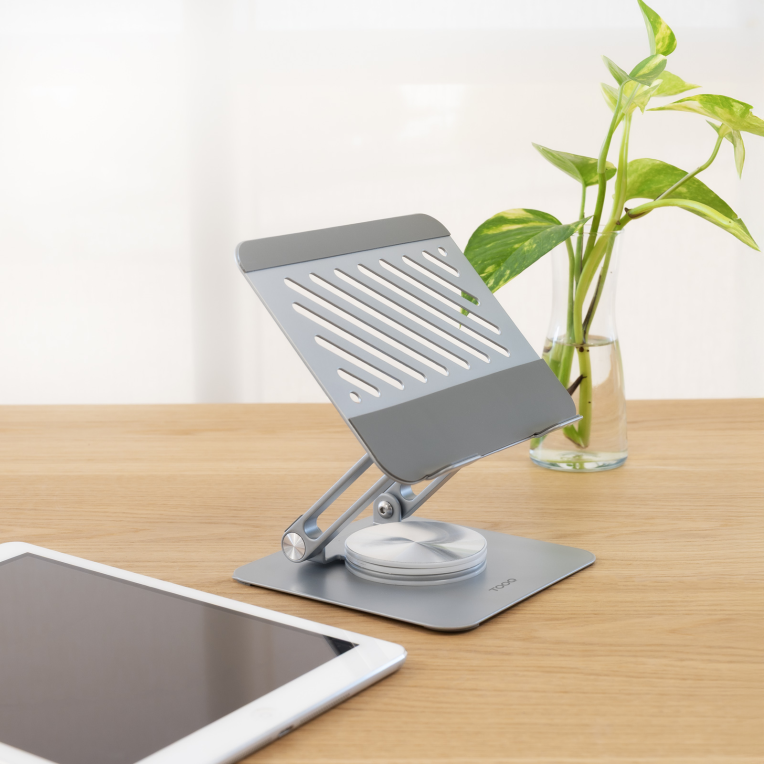 TooQ Soporte de Sobremesa con rotación 360° y ajustable para dispositivos de hasta 13”, Color Plata