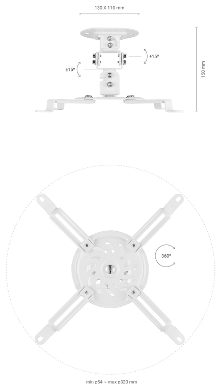 AISENS Soporte Universal Giratorio, Inclinable de Techo para Proyector 13.5Kg, Blanco