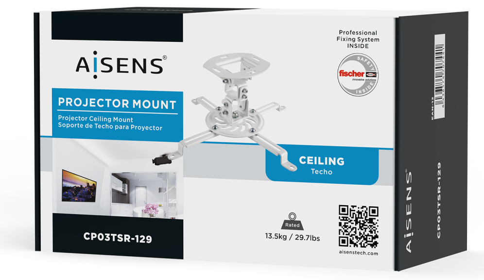 AISENS Soporte Universal Giratorio, Inclinable de Techo para Proyector 13.5Kg, Blanco