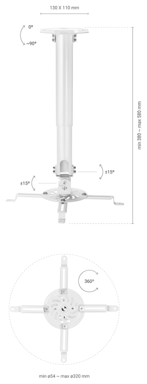 AISENS Soporte Universal Giratorio, Inclinable y Extensible de Techo para Proyector 13.5Kg, Blanco
