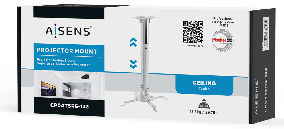 AISENS Soporte Universal Giratorio, Inclinable y Extensible de Techo para Proyector 13.5Kg, Blanco