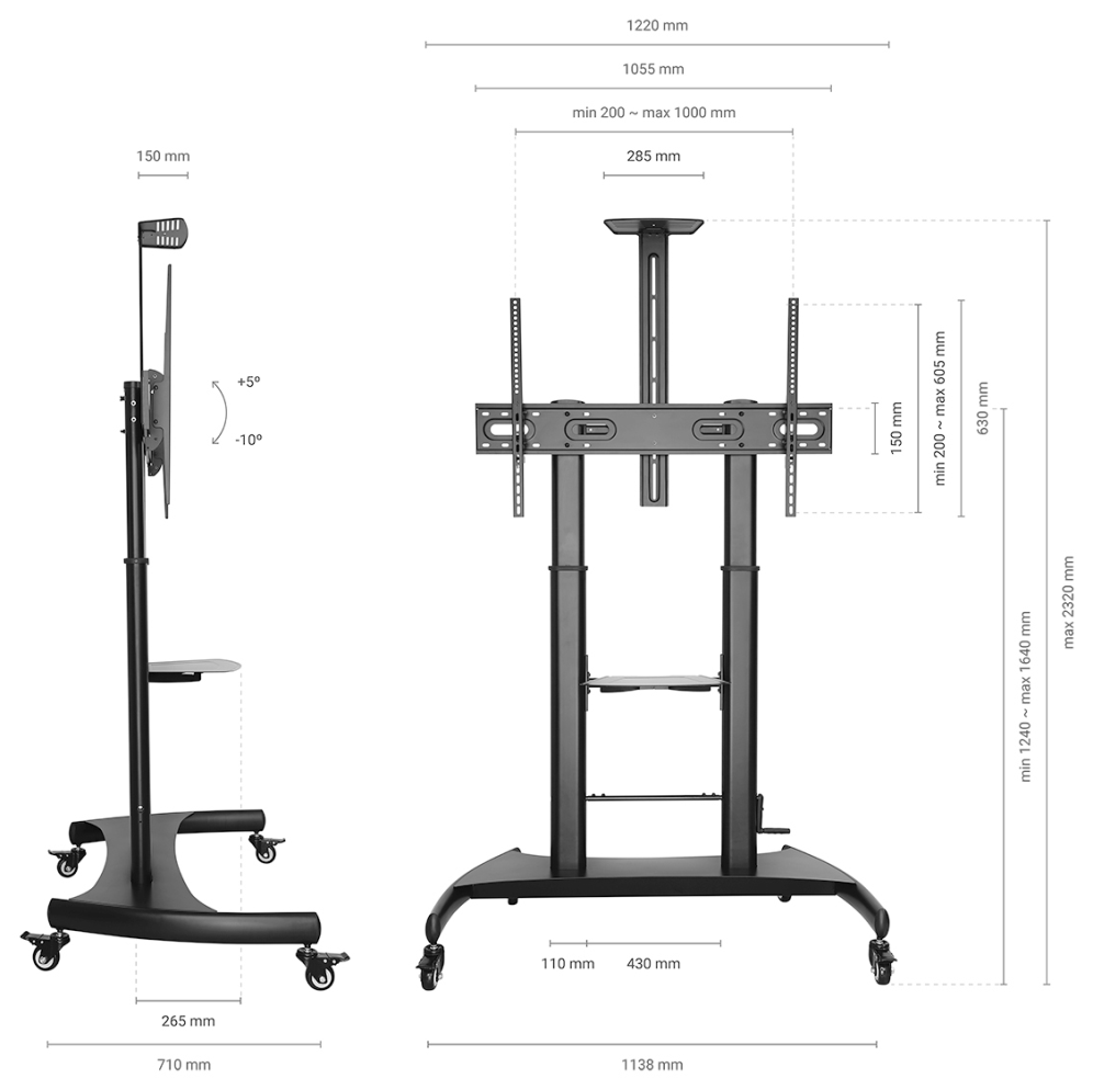 AISENS Soporte de Suelo ECO con Ruedas y Manivela, Bandeja para DVD y Soporte de Cámara para Monitor/TV 100Kg de 60-100, Negro
