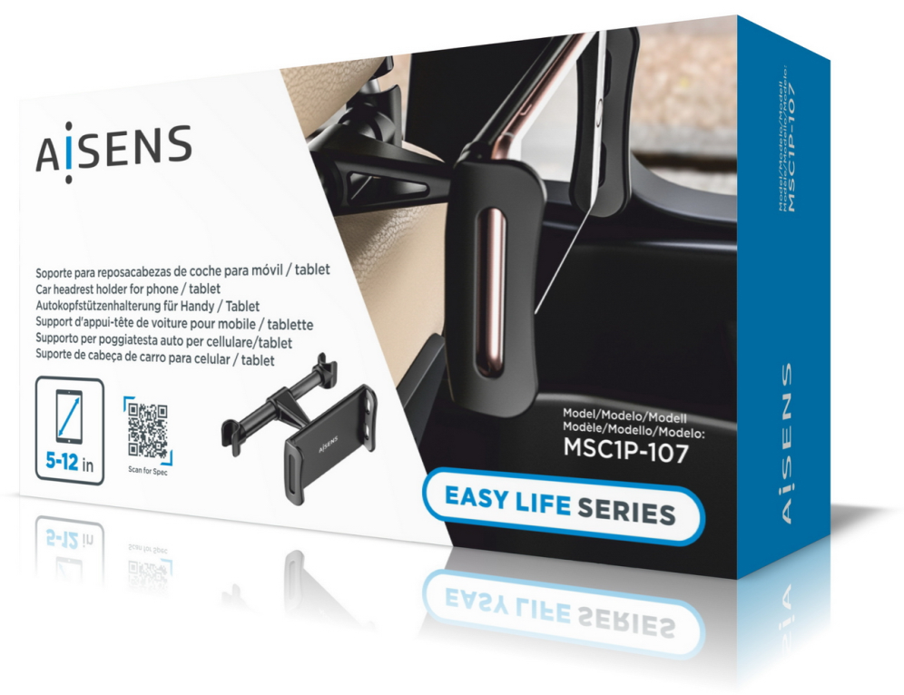 AISENS Soporte Coche Ajustable (1 Pivote) Para Reposacabezas Para Telefono / Tablet, Negro