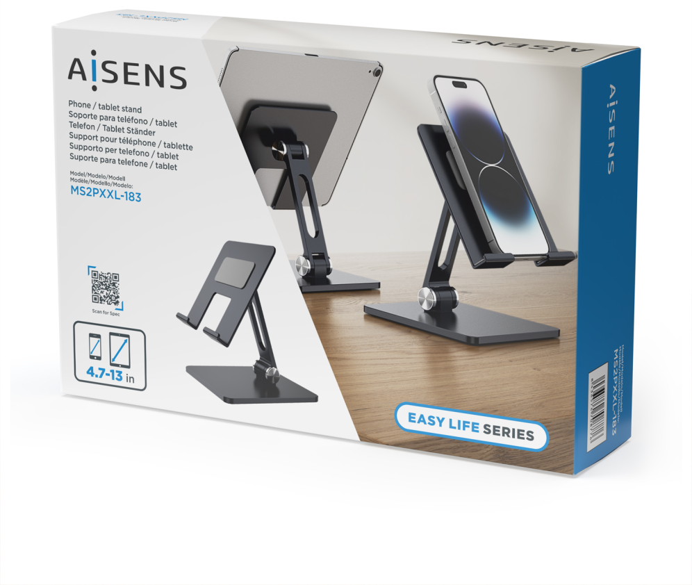AISENS Soporte de Sobremesa Tamaño XXL Ajustable (2 Pivotes) para Movil / Tablet, Gris