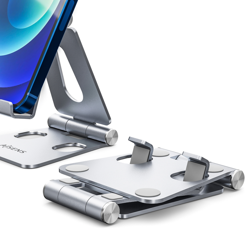 AISENS Soporte De Sobremesa Tamaño M Ajustable (2 Pivotes) Para Movil / Tablet, Plata
