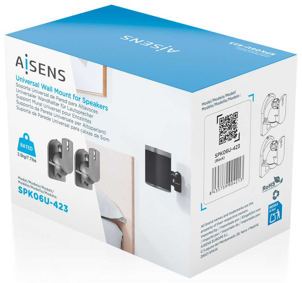 AISENS Soporte Universal De Pared Giratorio E Inclinable Para Altavoces, Negro