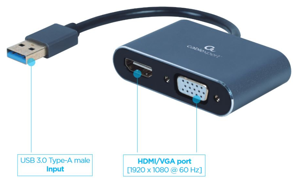 Gembird A-USB3-HDMIVGA-01 Adaptador gráfico USB 3840 x 2160 Pixeles Gris
