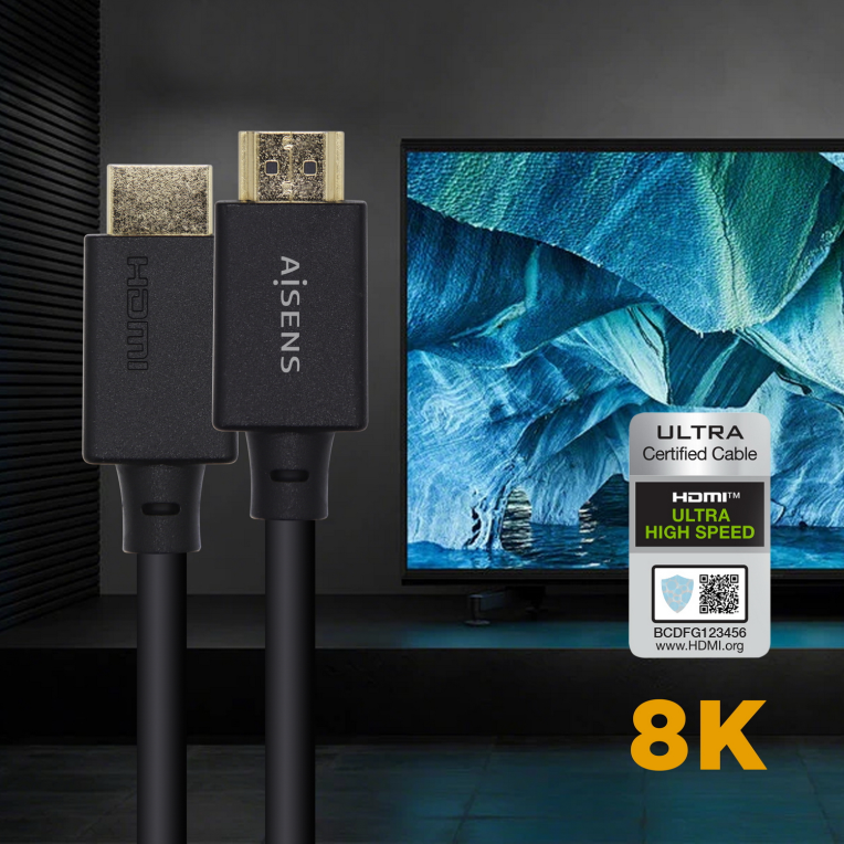 AISENS Cable HDMI V2.1 Ultra Alta Velocidad / HEC Certificado 8k@60Hz 48Gbps, A/M-A/M, Negro, 3.0m