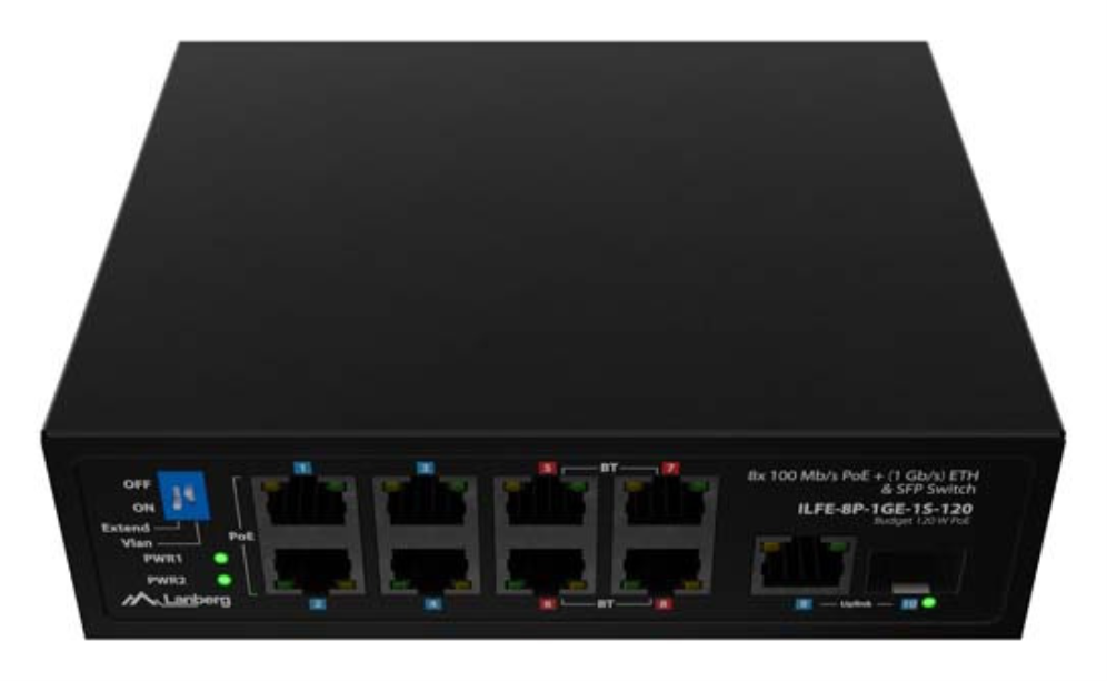 Lanberg ILFE-8P-1GE-1S-120 switch No administrado Fast Ethernet (10/100) Energía sobre Ethernet (PoE) 1U Negro