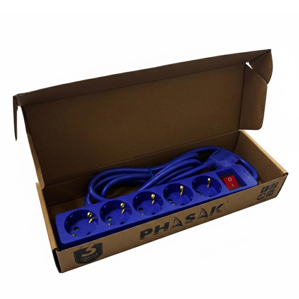 REGLETA PHASAK 5 TOMAS SCHUKO 16A CON INTERRUPTOR AZUL 1,8 M