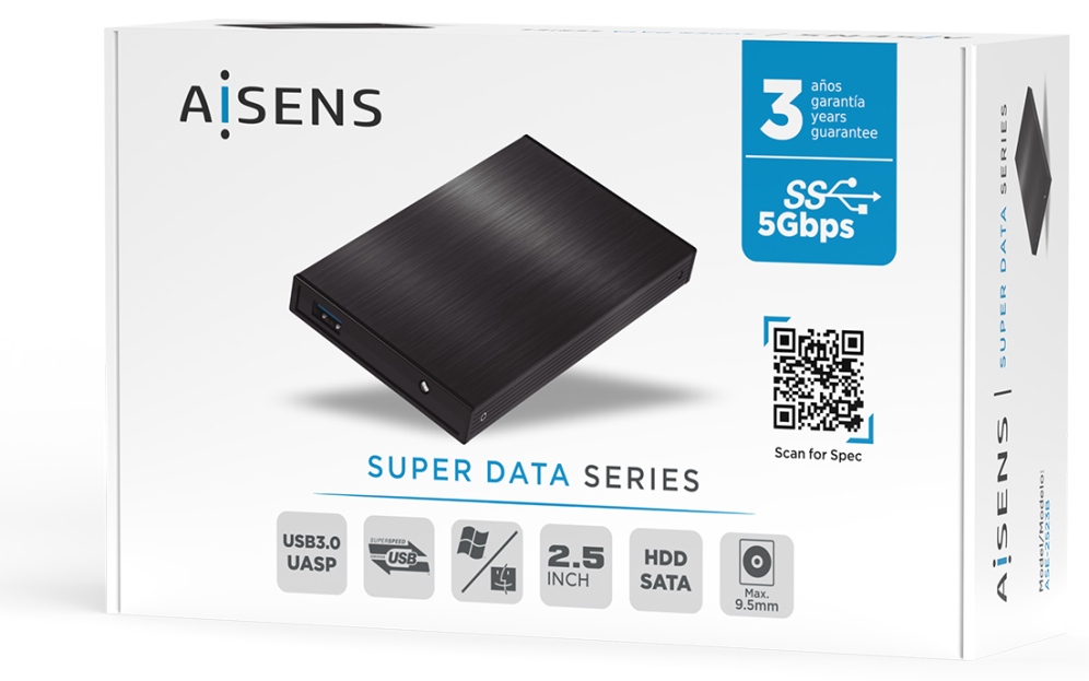 AISENS Caja Externa 2,5? ASE-2523B 9.5MM SATA a USB 3.0/USB3.1 GEN1, Negra