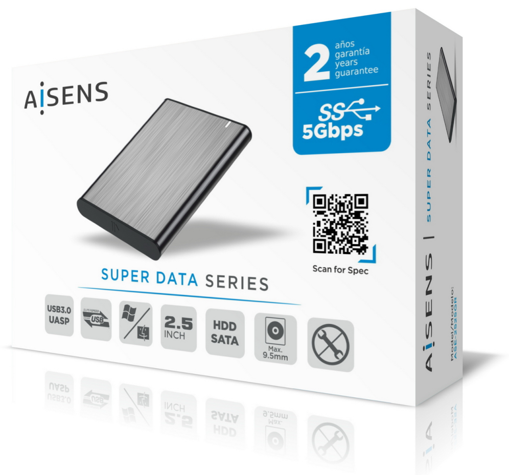 AISENS Caja Externa 2.5" ASE-2525GR 9.5mm SATA A USB 3.0 / USB 3.1 Gen1, Gris