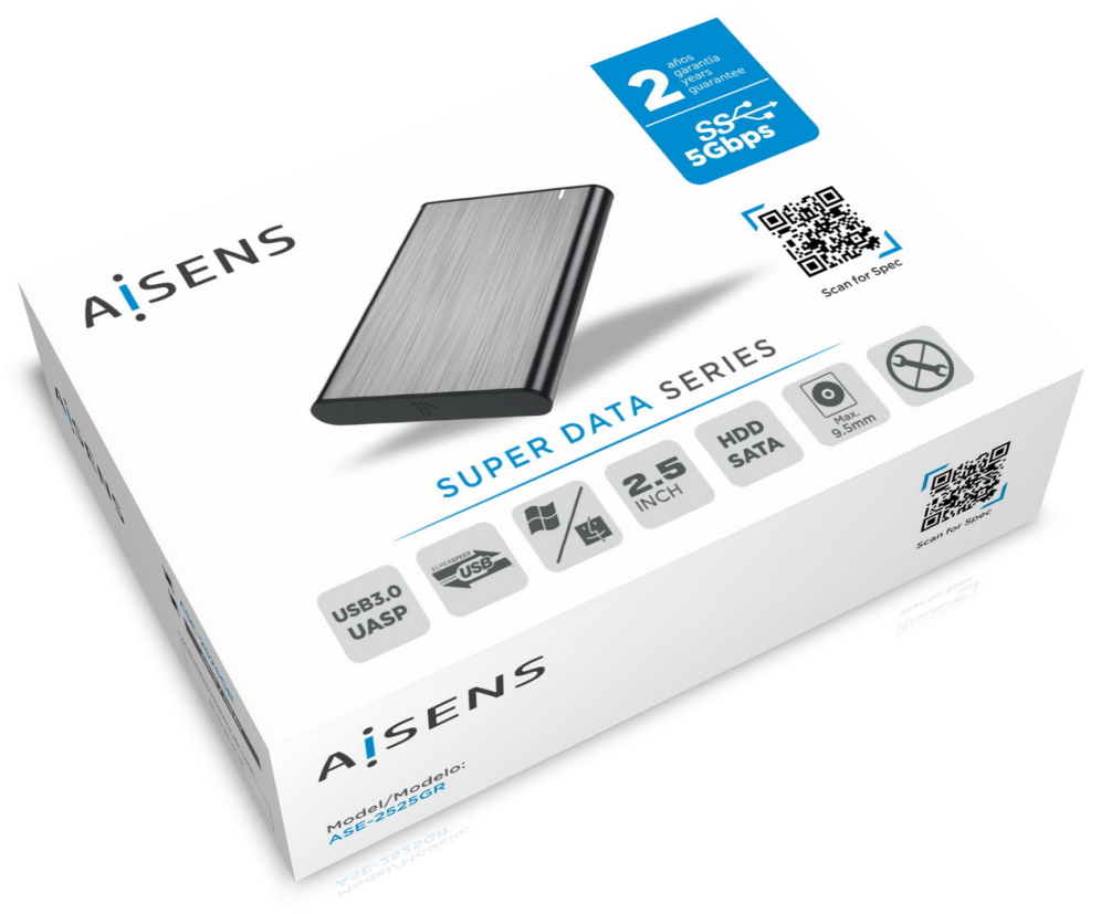 AISENS Caja Externa 2.5" ASE-2525GR 9.5mm SATA A USB 3.0 / USB 3.1 Gen1, Gris